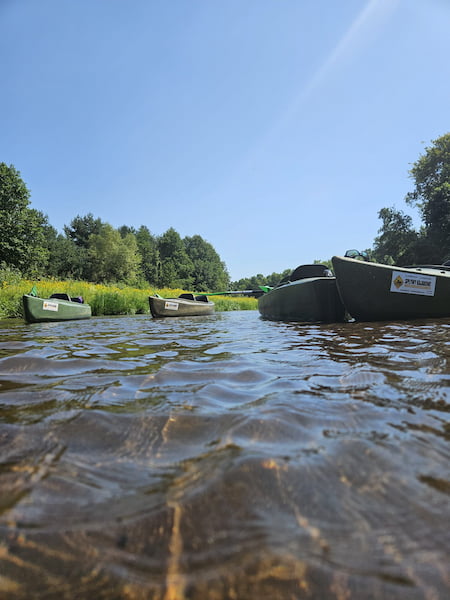 Rzeka Tanew a w tle cztery kajaki zaprakowane na płytkiej wodzie